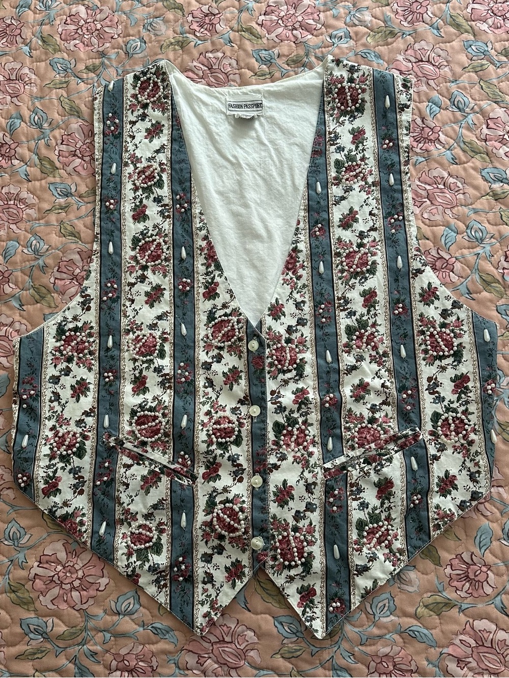 Vintage Fashion Passport Pink & Blue Floral Print Striped Beaded Women’s Vest